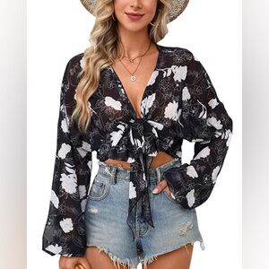 Lulus‎ X Revolve Perfect Black Cover Open Front Bell Sleeves NWT